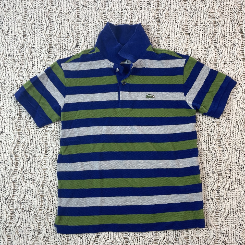 VINTAGE Lacoste Polo Shirt Kids 10 Blue / Green / Gray Stripe Two-Buttons